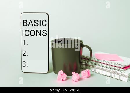 Writing displaying text Basic Icons. Concept meaning pictogram or ideogram displayed on a computer screen or phone Stock Photo