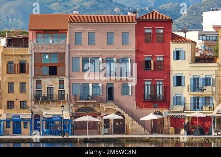Harbour promenade, row of houses, colourful houses, Venetian old town, Venetian harbour, row of houses, colourful houses, details, Chania, West Stock Photo