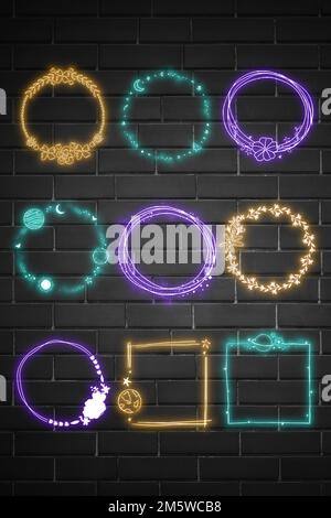 Neon frame vector planet botanical pattern collection Stock Vector