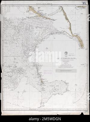 The Great Bahama Bank, from Old Bahama Channel to Exuma. Relief shown by hachures and spot heights. Depths shown by soundings and isolines. Note pasted below title: The telegraphic determination of longitude by Lieutenant Commander Green, U.S.N., in 1876, places Morro Castle, Havana, in longitude 82°21'30' W... Bahama-Bank sheet III. Bahama-Bank sheet III, Bahamas Great Bahama Bank Stock Photo