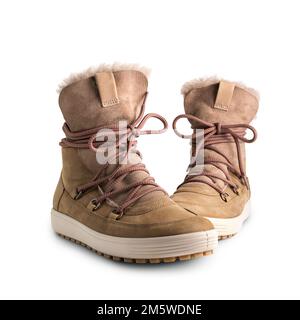 Fashion brown leather boots with laces for street style isolated on white background Stock Photo