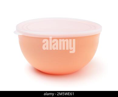 Front view of empty round plastic food container with measuring