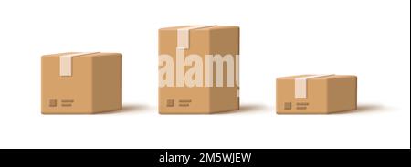 3D cardboard closed box icon set packed and ready for shipnemt delivery of different sizes, small medium large, isolated Stock Vector