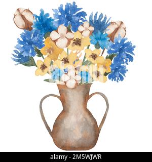 Hand drawn watercolor  yellow flowers with cornflowers and cotton bouquet illustration. flowers in a vase, retro style. Stock Photo