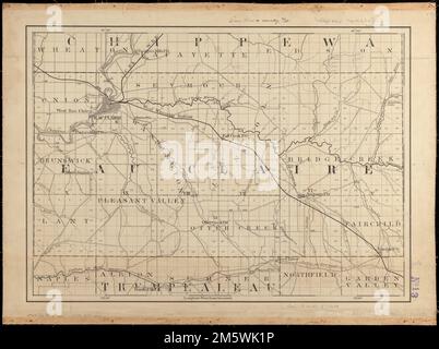 Eau Claire County, Wis.. Title in manuscript in upper margin. Manuscript map in pen and ink. Part of a set of manuscript maps of Wisconsin counties. Shows townships and sections, rivers, railroads, stations and other features.... , Wisconsin  , Eau Claire  ,county Stock Photo