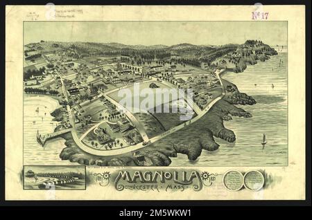 Magnolia, Gloucester, Mass. Bird's-eye view. Includes inset of Crescent Beach and index to points of interest. Appears in J.G. Garver's Surveying the shore, historic maps of coastal Massachusetts, 1600-1930. Beverly, MA. 2006... Gloucester, Mass. Gloucester, Mass, Massachusetts  , Essex  ,county   , Gloucester  , Magnolia Stock Photo