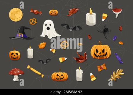 Halloween elements set on black background vector Stock Vector