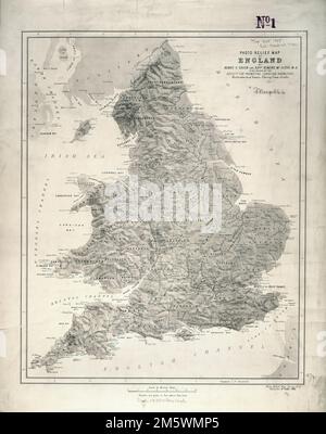 Photo relief map of England. Relief shown by hill shading. Featured in the Faces & Places Exhibit, Kravis Center, Palm Beach, FL, since 2005. MB (BRL). England's physical geography, especially its topography and rivers, is portrayed on this late 19th century map published by the Society for Promoting Christian Knowledge, a British missionary and charitable organization. The Society was founded in 1698 and has been continuously active for over 300 years. In addition to their missionary and liturgical publications, the Society also published maps and atlases for the general education of its memb Stock Photo