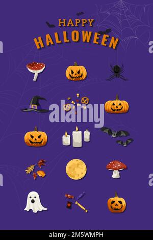 Halloween elements set on purple background vector Stock Vector
