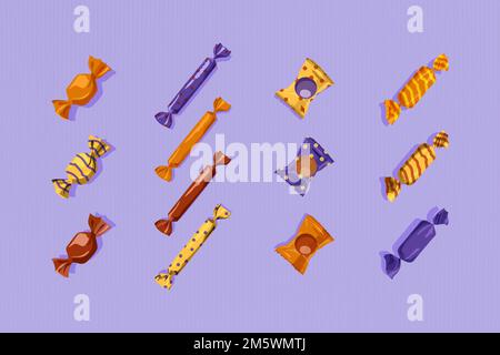 Candy elements set on purple background vector Stock Vector
