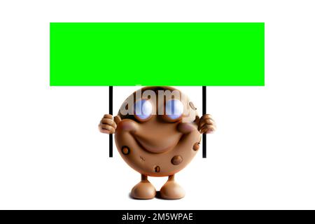 Funny Cookie with a Green Chroma Key Placard on wood stick - Digital 3D Illustration isolated on white background Stock Photo