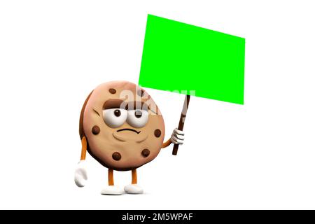 Funny Cookie with a Green Chroma Key Placard on wood stick - Digital 3D Illustration isolated on white background Stock Photo