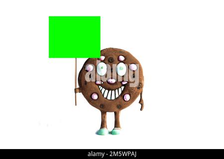 Funny Cookie with a Green Chroma Key Placard on wood stick - Digital 3D Illustration isolated on white background Stock Photo