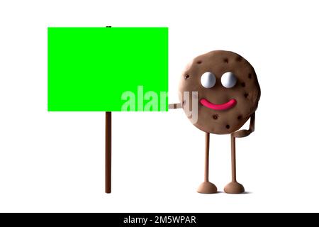 Funny Cookie with a Green Chroma Key Placard on wood stick - Digital 3D Illustration isolated on white background Stock Photo