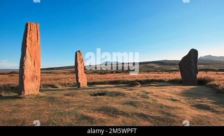 A scenic view of the Machrie Moor standing stones at dawn in the Isle of Arran, Scotland Stock Photo