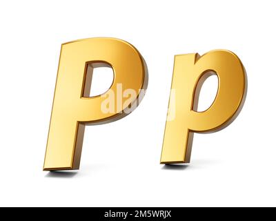 A 3D illustration of a letter P in gold metal, isolated on a white background, capital and a small letter Stock Photo