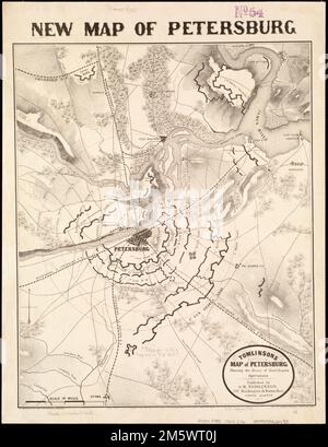 Tomlinsons map of Petersburg : showing the scene of Genl. Grants operations. Shows radial distances to Petersburg from surrounding areas, names of roads, rail roads, drainage, towns, and fortifications for Union and Confederate armies. Relief shown by hachures. Below lower margin: Entered according to Act of Congress in the year 1864 by G. W. Tomlinson, in the Clerks Office of the District Court of Mass.. Torn in Two: In addition to newspaper maps, commercially published battle maps were available to folks on the home front for following the progress of the war. A number of such maps were publ Stock Photo