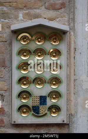 Ornate brass doorbell panel with a coat of arms on an old stone wall, Venice, Italy Stock Photo
