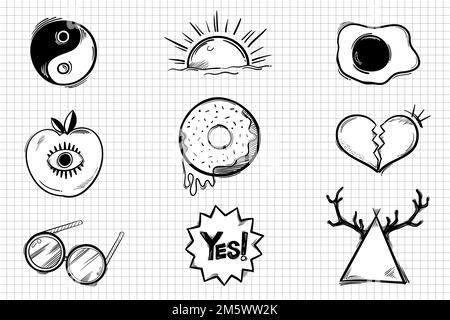 Bw funky icon vector doodle cartoon sticker set Stock Vector