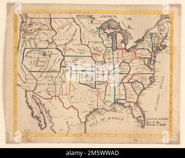 Map of the United States. Manuscript map drawn by a schoolgirl in ink ...