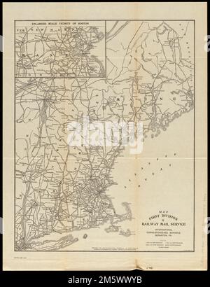 Map first division railway mail service. Inset: Enlarged scale vicinity of Boston. Copyright assigned to the International Textbook Company. 'Entered at Stationers' Hall, London -- Printed in the United States.' 'ICSRL 129B-3242.'. Map showing the railway mail system of New England.. First Division railway mail service Div. 1. First Division railway mail service Div. 1, New England  ,area Stock Photo