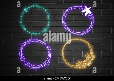 Vector neon frame floral planet glowing border collection Stock Vector