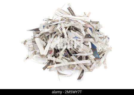 newspapers shredded. pile. isolated on white background. Stock Photo