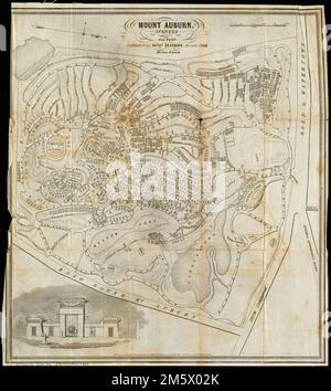 Mount Auburn, avenues and paths. Oriented with north toward the lower right. Relief shown by hachures. Shows paths, buildings, and numbered plots. 'Entered according to Act of Congress in the year 1839 by Nathl. Dearborn in the Clerks Office of the District Court of Massachusetts.' Includes view of entrance to cemetery.... , Massachusetts  , Middlesex  ,county   , Cambridge Massachusetts  , Middlesex  ,county   , Watertown Mount Auburn Cemetery Stock Photo