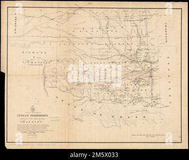 Indian Territory, with part of the adjoining state of Kansas, &c. Relief shown by hachures. 'Prepared from the Map of Danl. C. Major, U.S. Astt. showing the boundaries of the Choctaw and Chickasaw Nations, the Creek, Seminole, and Leased Indian Country established by authority of the Commrs. of Indian Affairs in 1858-59. and from Lieut. Col. J.E. Johnston's Map of the Southern Boundary of Kansas in 1857. The Map of the Creek Country by Lieut. L. C. Woodruff, Topl. Engrs., in 1850-51.' Described in LC Many nations.... , Oklahoma Stock Photo