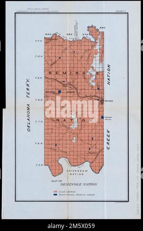 Map of Seminole Nation. Detached from a United States House of Representatives document in the United States congressional serial set (Serial Set 4459 H.doc.5/4), following page 164: Annual reports of the Department of the Interior for the fiscal year ended June 30, 1902. Indian affairs, part II. Washington : Government Printing Office, 1903. In top margin: 'Ninth annual report, Commission to the five civilized tribes. Exhibit 3.' Shows land allotted and reservations, district schools.. Map of Seminole Nation, coextensive with land area that would later become Seminole County, Oklahoma, colore Stock Photo