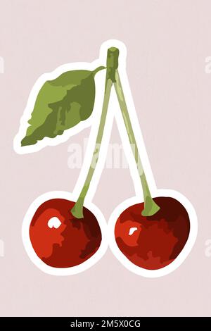 Vectorized red cherries sticker overlay with white border design resource Stock Vector