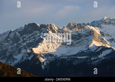 Mountaintops seen from Les Ecovets above Villars sur Ollon in Switzerland Stock Photo