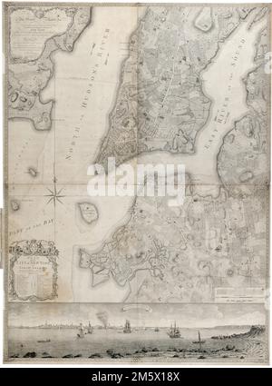 Plan of the city of New York in North America : surveyed in the years 1766 & 1767. 1st state. Covers part of modern New York City: Manhattan below the later 60th Street and Brooklyn north of the later 30th Street and west of the later Union Avenue; also a small part of modern Queens and of Jersey City, New Jersey. Shows built up and cultivated areas, streets and rural roads, some buildings, piers. Also shows streams, ponds and wetlands. Shows relief by hachures. Shows depths by soundings. Dedication at upper left: 'To His Excellency Sir Henry Moore, Bart. Captain General and Governour in Chief Stock Photo