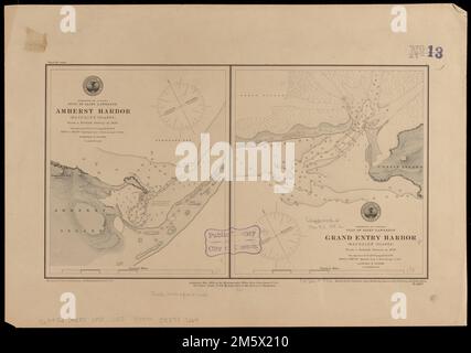 Dominion of Canada, Gulf of Saint Lawrence, Amherst Harbor (Magdalen Islands) : from a British survey in 1833 ; Dominion of Canada, Gulf of Saint Lawrence, Grand Entry Harbor (Magdalen Islands) : from a British survey in 1833. Relief shown by shading and spot heights. Depths shown by soundings... Amherst Harbor (Magdalen Islands) Grand Entry Harbor (Magdalen Islands). Amherst Harbor (Magdalen Islands) Grand Entry Harbor (Magdalen Islands), Canada  , Quebec  ,province   , Madeleine, Îles de la  ,area Stock Photo