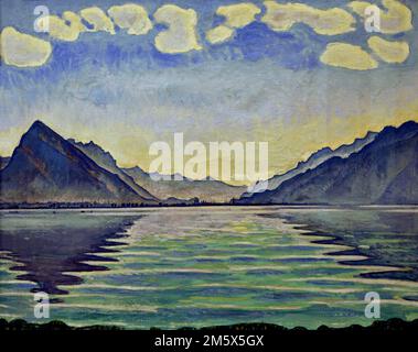 LAKE THUN WITH SYMMETRICAL REFLECTIONS Dating 1905 Ferdinand Hodler (1853 − 1918)  Swiss, Switzerland,  ( Swiss artist Ferdinand Hodler is one of the most unique masters of art Nouveau ) Stock Photo