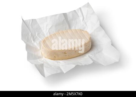 Whole French le coq de bruyere cheese on white paper close up on white background Stock Photo