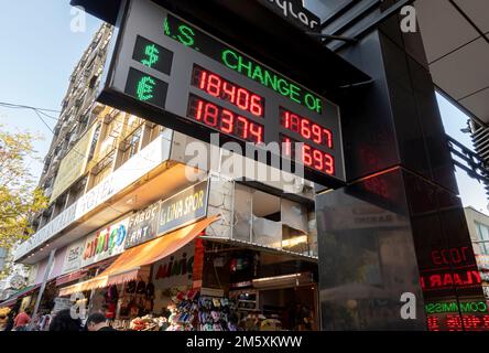 Currency exchange service window and rates on display for Euro and Dollars. Antalya, Turkey. October 26, 2022 Stock Photo