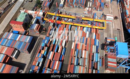 Top view. Commercial Sea Port. Industrial port with containers. Stock Photo