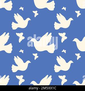 A beautiful seamless vector wallpaper with lovely white doves and butterflies on a soft blue background Stock Vector