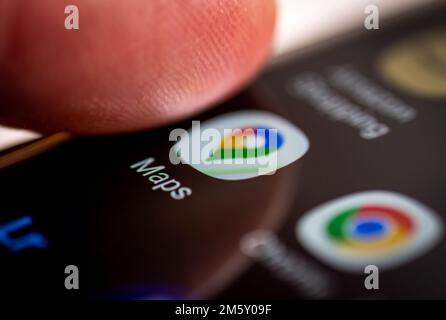 London. UK- 12.31.2022. The icon and name of Google Maps application on a smartphone screen. Stock Photo