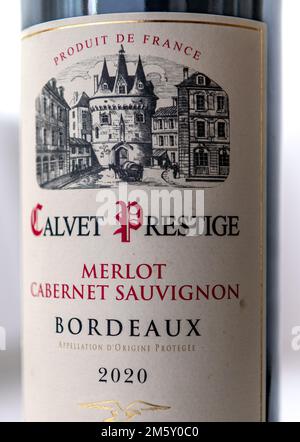 London. UK- 12.31.2022. Close up of a bottle of Calvet Prestige Bordeaux French red wine. Stock Photo