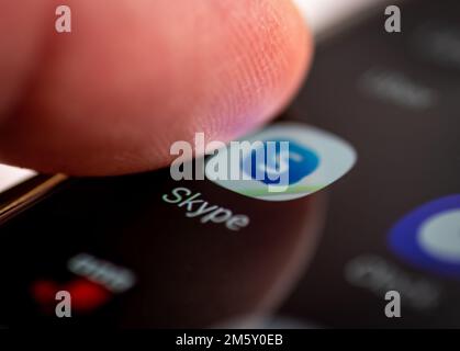 London. UK- 12.31.2022. The icon and name of the social media application Skype on an Android smartphone screen. Stock Photo