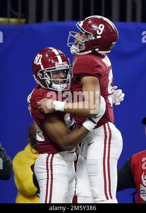 New Orleans, United States. 01st Jan, 2023. Alabama Crimson Tide wide receiver Kobe Prentice (80) and quarterback Bryce Young (9) celebrate Prentice's late touchdown against the Kansas State Wildcats during the Sugar Bowl at the Caesars Superdome in New Orleans on Saturday, December 31, 2022. Photo by AJ Sisco/UPI Credit: UPI/Alamy Live News Stock Photo