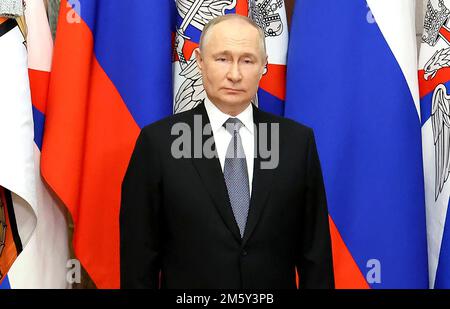 Rostov On Don, Russia. 31st Dec, 2022. Russian President Vladimir Putin poses during an official military ceremony to award Russian servicemen involved in Russia's military operation in Ukraine, on Saturday on December 31, 2022 during a visit to the headquarters of the Southern Military District in Rostov-on-Don, Russia. photo by Kremlin Pool /UPI Credit: UPI/Alamy Live News Stock Photo