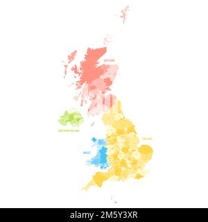United Kingdom of Great Britain and Northern Ireland, UK. Metropolitan and non-metropolitan counties and unitary authorities of England, districts of Northern Ireland, council areas of Scotland, county boroughs, counties and cities of Wales. With crown dependencies. Colorful map with labels. Simple flat vector illustration. Stock Vector