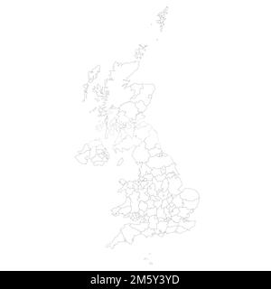 United Kingdom of Great Britain and Northern Ireland, UK. Metropolitan and non-metropolitan counties and unitary authorities of England, districts of Northern Ireland, council areas of Scotland, county boroughs, counties and cities of Wales. With crown dependencies. Blank black outline map. Simple flat vector illustration. Stock Vector