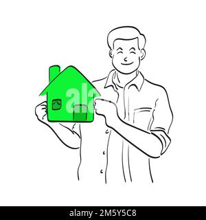 line art half length of man holding small green house illustration vector hand drawn isolated on white background Stock Vector