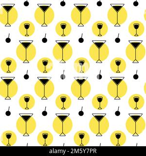 Abstract seamless pattern from a black and white set of vector icons in the form of glasses and colored spots in trendy yellow hues on a transparent background. Suitable for cafes, bars and restaurant Stock Vector