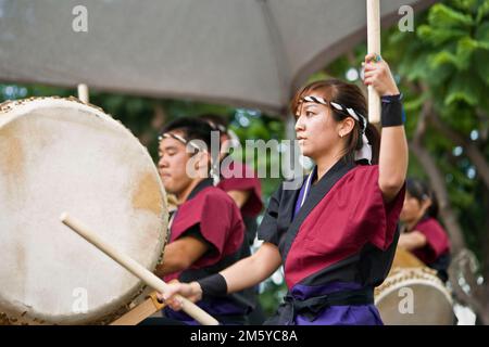 Taiko drummers perform at a festival in Little Tokyo, Los Angeles H Stock Photo