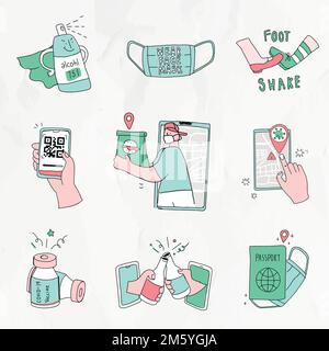 Cute COVID-19 social distancing vector green doodle character set Stock Vector